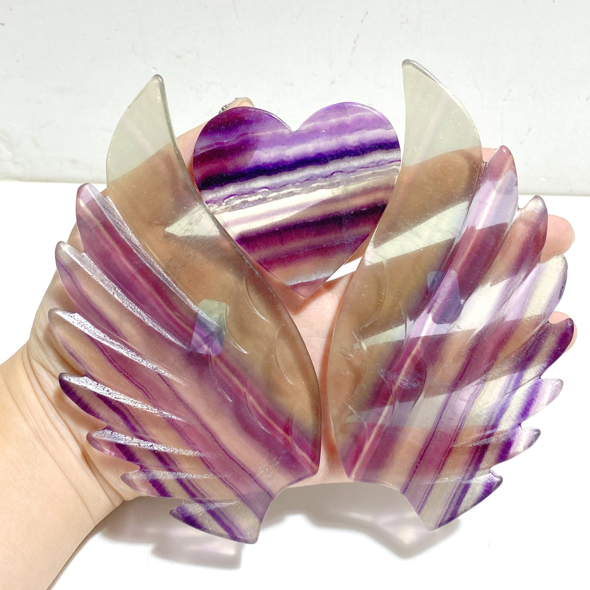 Symmetrical Fluorite Heart Wing Carving With Stand