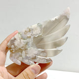 Green Sakura Flower Agate Heart Wing Carving With Stand