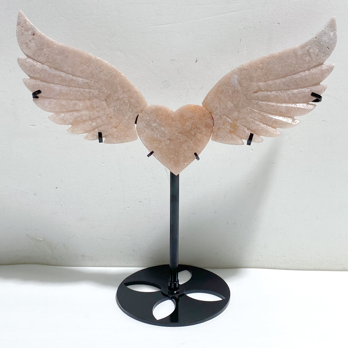 Unique Pink Agate Heart Wing Carving With Stand