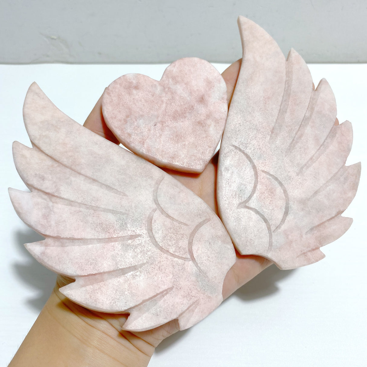 Pink Opal Heart Wing Carving With Stand