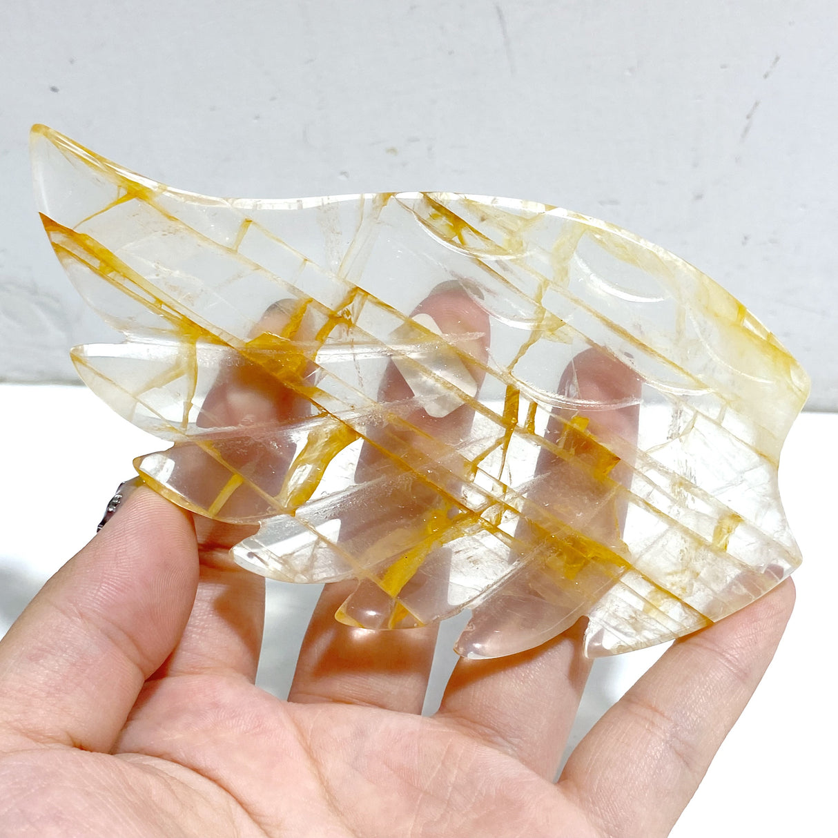 Golden Hematoid Quartz Fire Quartz Heart Wing Carving With Stand