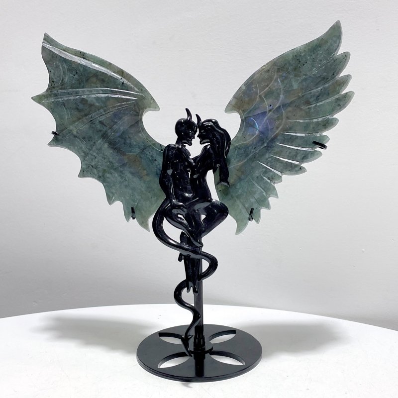 Labradorite Demon And Angel Wing Carving With Stand - Wholesale Crystals