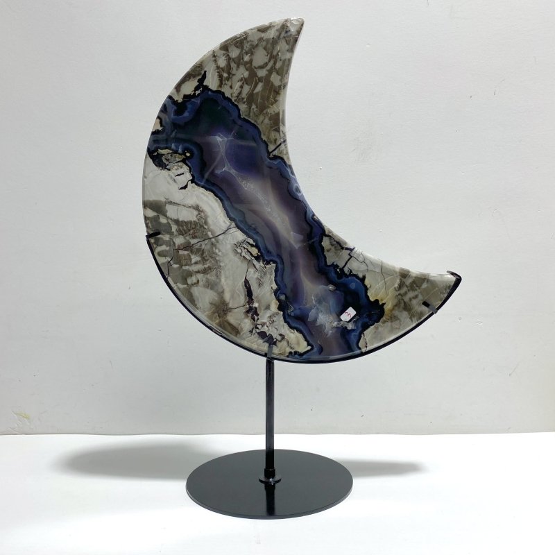 Large Geode Volcano Agate Moon Carving With Stand(UV - Reactive) 1 - Wholesale Crystals
