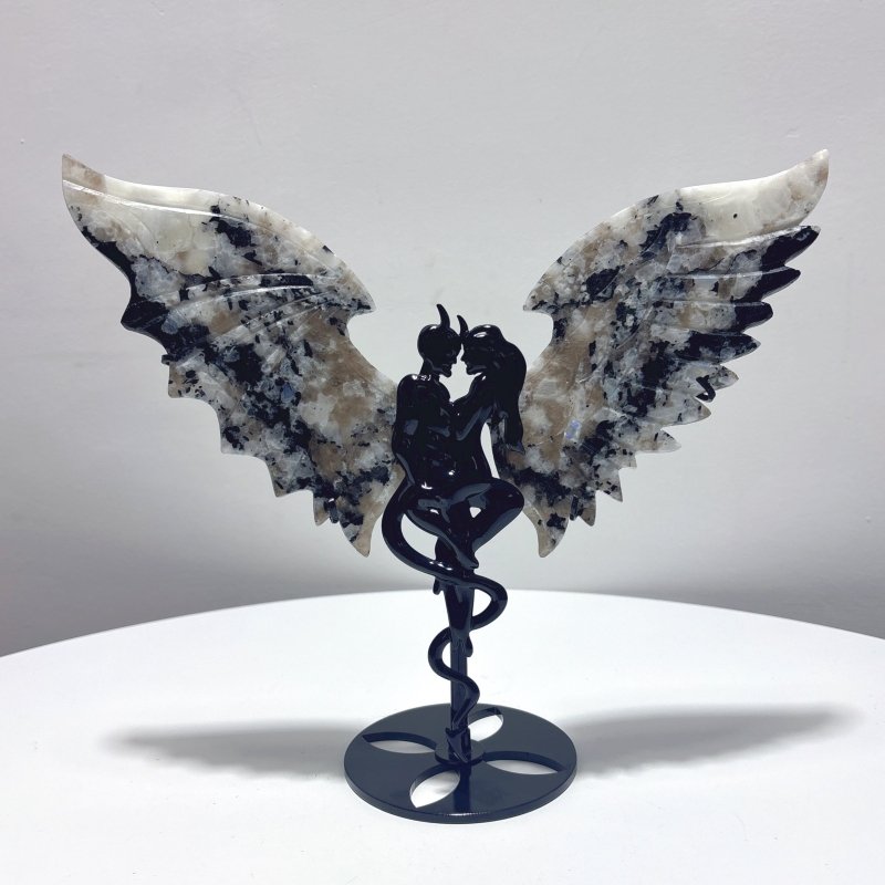 Moonstone Angel And Demons Wing Carving With Stand - Wholesale Crystals