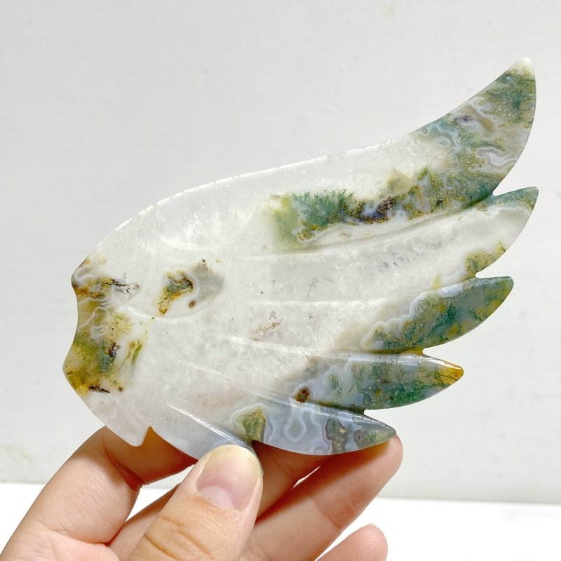 Moss Agate Heart Wing Carving With Stand -Wholesale Crystals