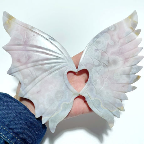 Pink Flower Agate Demon And Angel Wing Carving With Stand - Wholesale Crystals