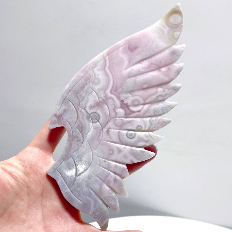 Pink Flower Agate Demon And Angel Wing Carving With Stand - Wholesale Crystals