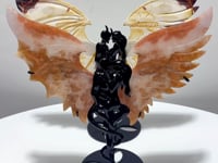 2 Pairs Demon And Angel Wing Carving With Stand Pink Flower Agate Mookaite