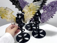 3 Pairs Demon And Angel Wing Carving With Stand Lepidolite Pyrite Crazy Agate