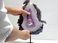 Beautiful Large Amethyst Mixed Geode Druzy Agate Flying Dragon Castle Carving With Stand