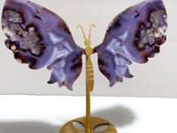 Beautiful Symmetric Purple Flower Agate Butterfly Wing Carving With Stand