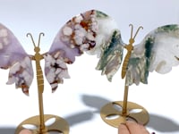 2 Pairs Butterfly Wing Carving With Stand Moss Agate Sakura Flower Agate