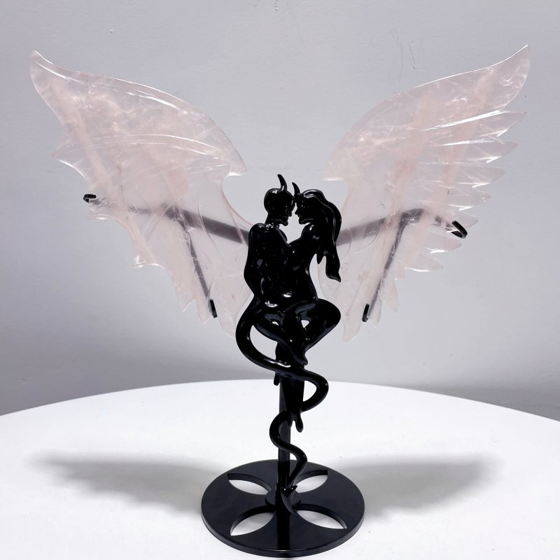 Rose Quartz Demon And Angel Wing Carving With Stand - Wholesale Crystals