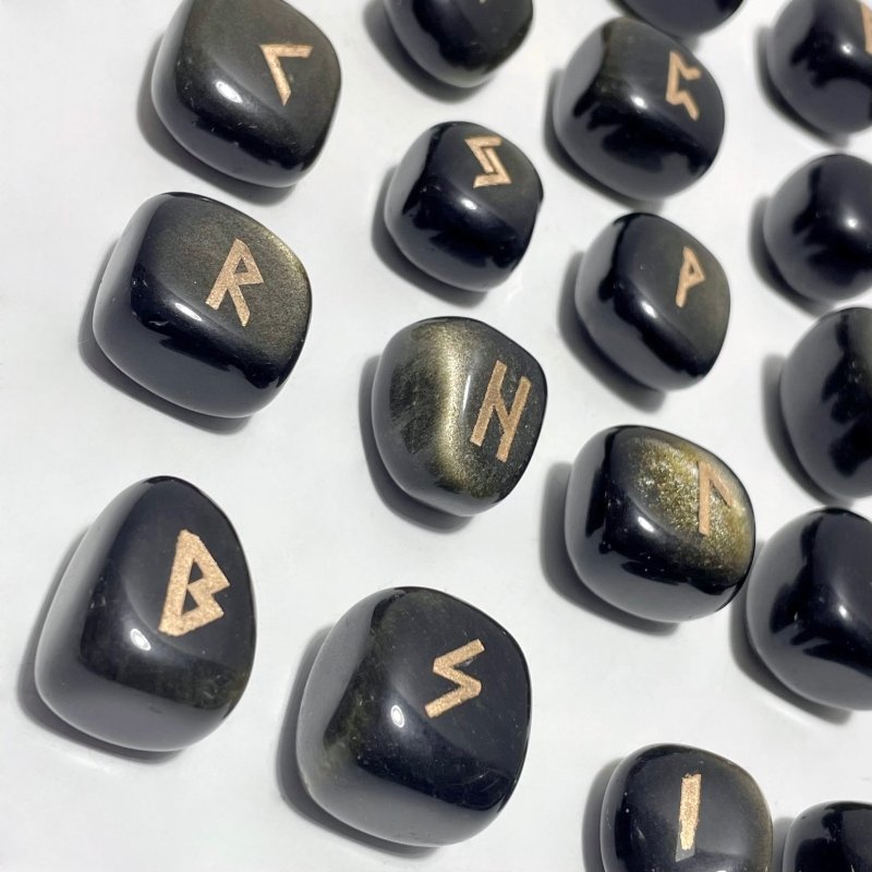 Rune Stones Set Engraved Gold Sheen Obsidian Crystal Wholesale - Wholesale Crystals