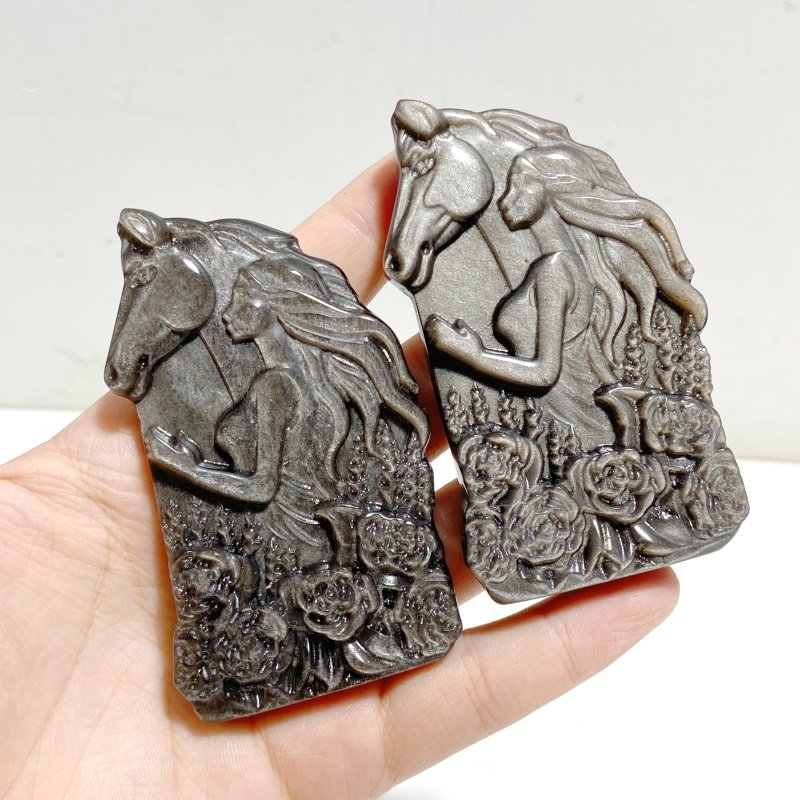 Silver Sheen Obsidian Lady With Horse Carving Wholesale -Wholesale Crystals
