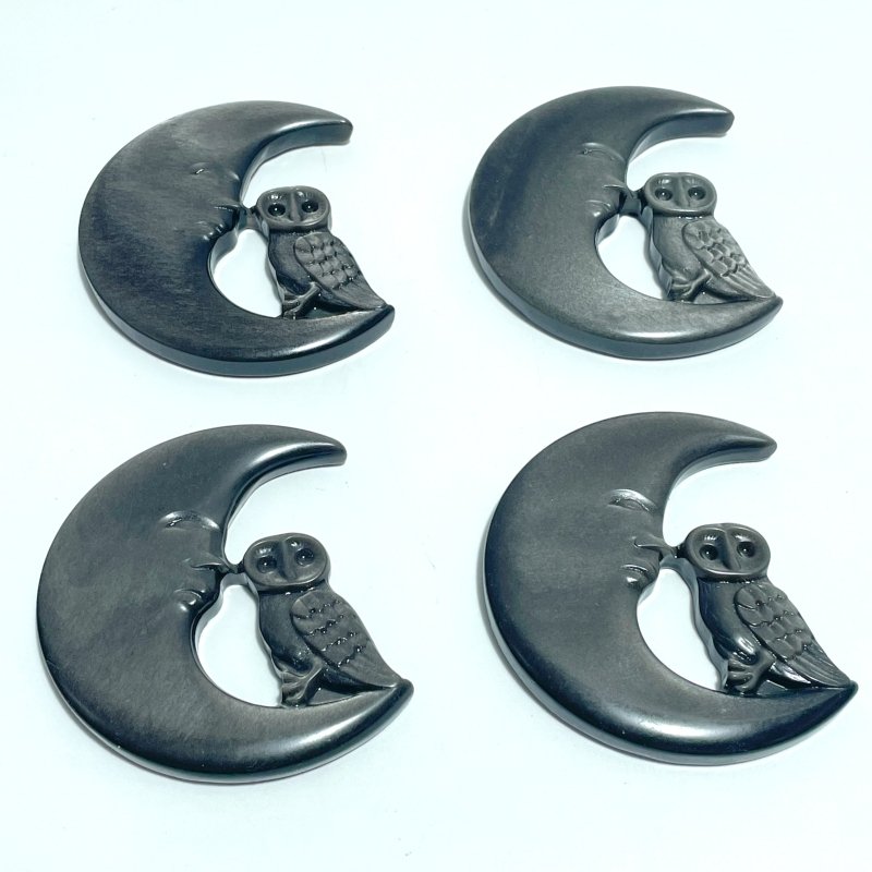 Silver Sheen Obsidian Moon Face Owl Carving Wholesale - Wholesale Crystals