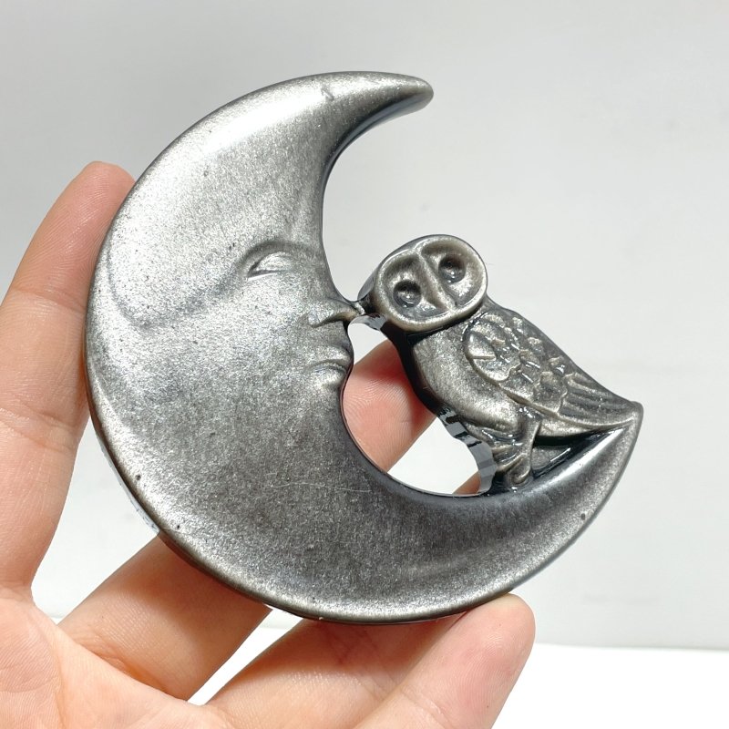 Silver Sheen Obsidian Moon Face Owl Carving Wholesale - Wholesale Crystals