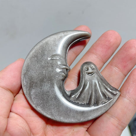 Silver Sheen Obsidian Moon Ghost Carving Wholesale - Wholesale Crystals