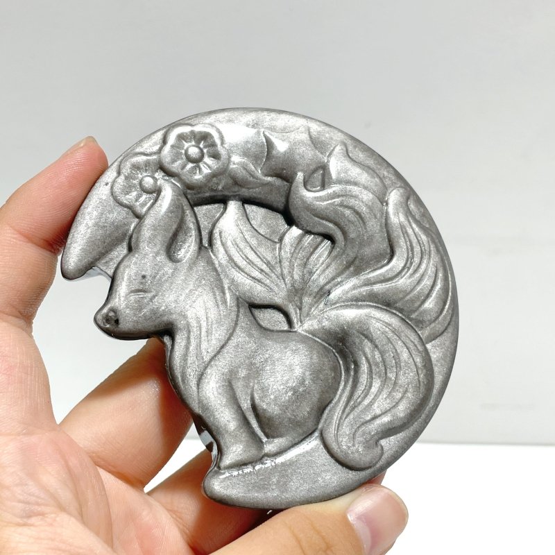 Silver Sheen Obsidian Nine - tailed Fox Moon Carving Wholesale - Wholesale Crystals