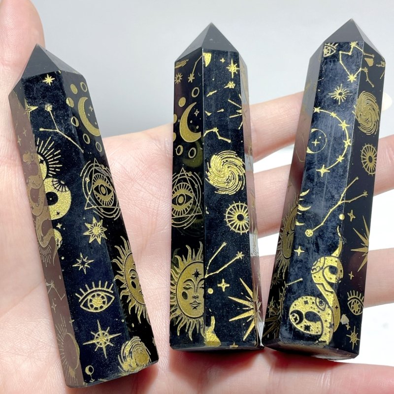 Snake And Sun Laser Printing Obsidian Tower Points Wholesale - Wholesale Crystals