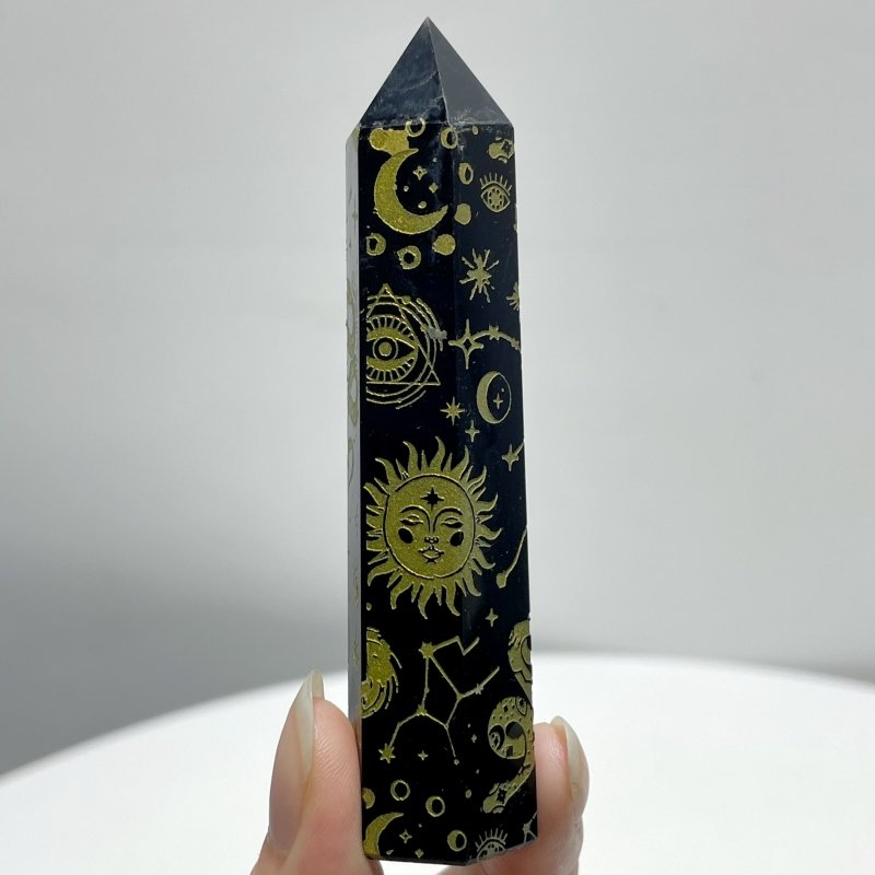 Snake And Sun Laser Printing Obsidian Tower Points Wholesale - Wholesale Crystals