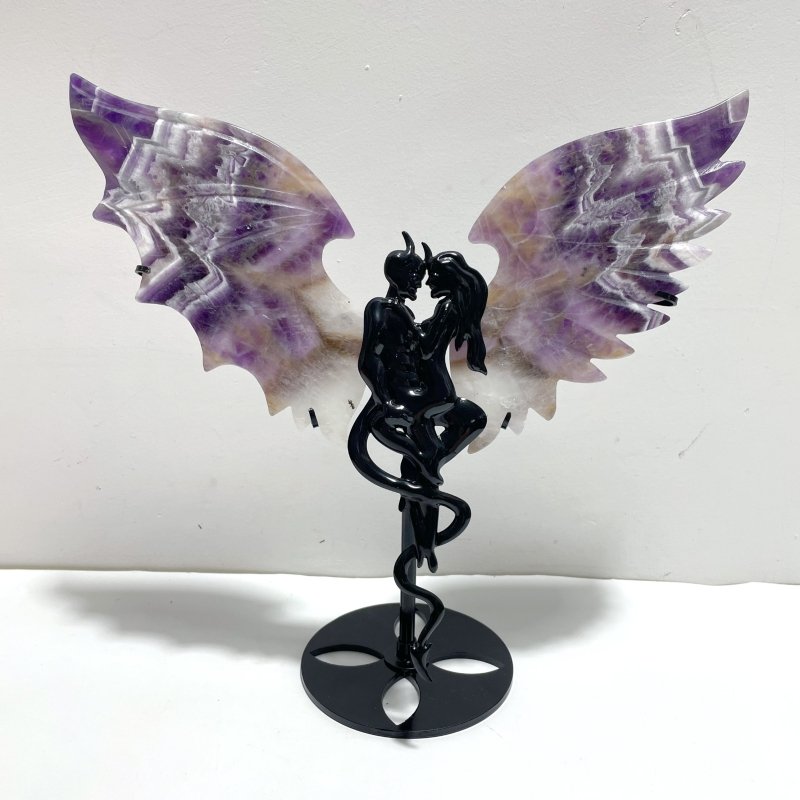 Unique Chevron Amethyst Demon and Angel Wing Carving With Stand - Wholesale Crystals