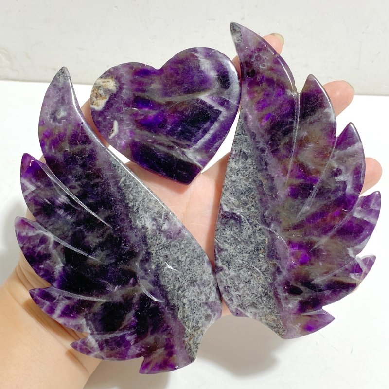 Unique Chevron Amethyst Heart Wing Carving With Stand -Wholesale Crystals
