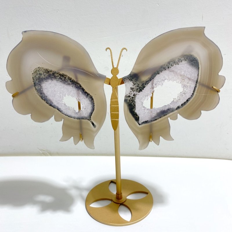 Unique Geode Druzy Agate Butterfly Wing Carving With Stand -Wholesale Crystals