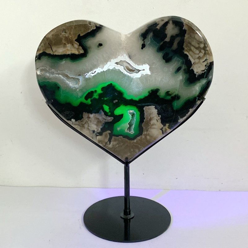 Unique Geode Druzy Volcano Agate Heart Carving With Stand(UV - Reactive) 1 - Wholesale Crystals