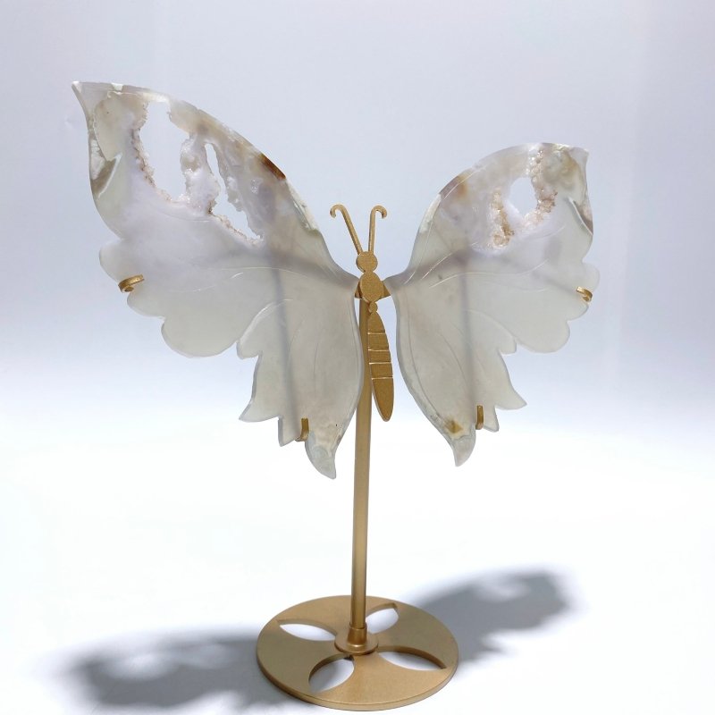 Unique Geode Sakura Flower Agate Butterfly Wing Carving With Stand - Wholesale Crystals