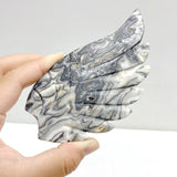Unique Gray Blue Agate Heart Wing Carving With Stand - Wholesale Crystals