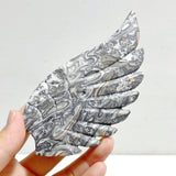 Unique Gray Lace Agate Heart Wing Carving With Stand - Wholesale Crystals