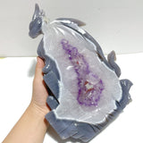 Unique Large Amethyst Mixed Geode Druzy Agate Flying Dragon Castle Carving With Stand - Wholesale Crystals