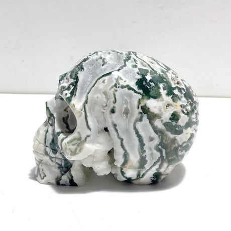 Unique Large Geode Druzy Moss Agate Skull Carving - Wholesale Crystals