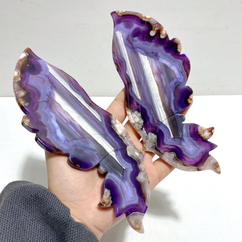 Unique Purple Sakura Flower Agate Butterfly Wing Carving With Stand - Wholesale Crystals