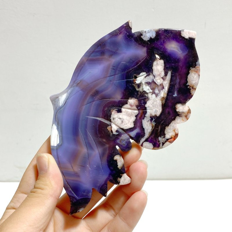 Unique Purple Sakura Flower Agate Butterfly Wing Carving With Stand - Wholesale Crystals