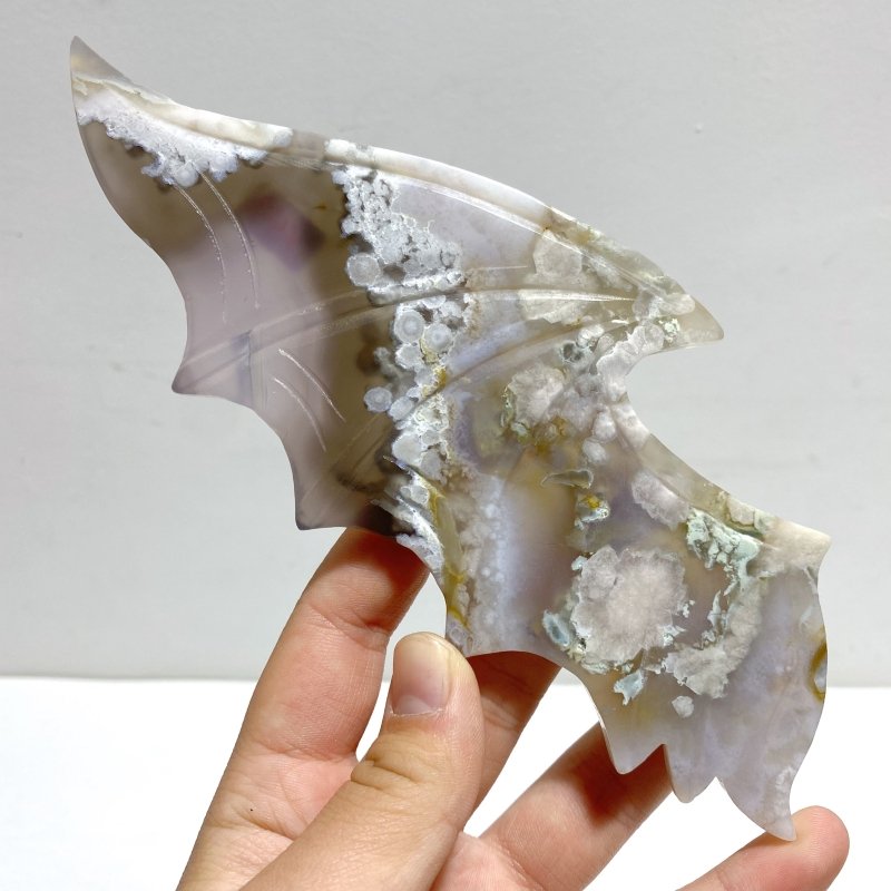 Unique Sakura Flower Agate Demon and Angel Wing Carving With Stand - Wholesale Crystals