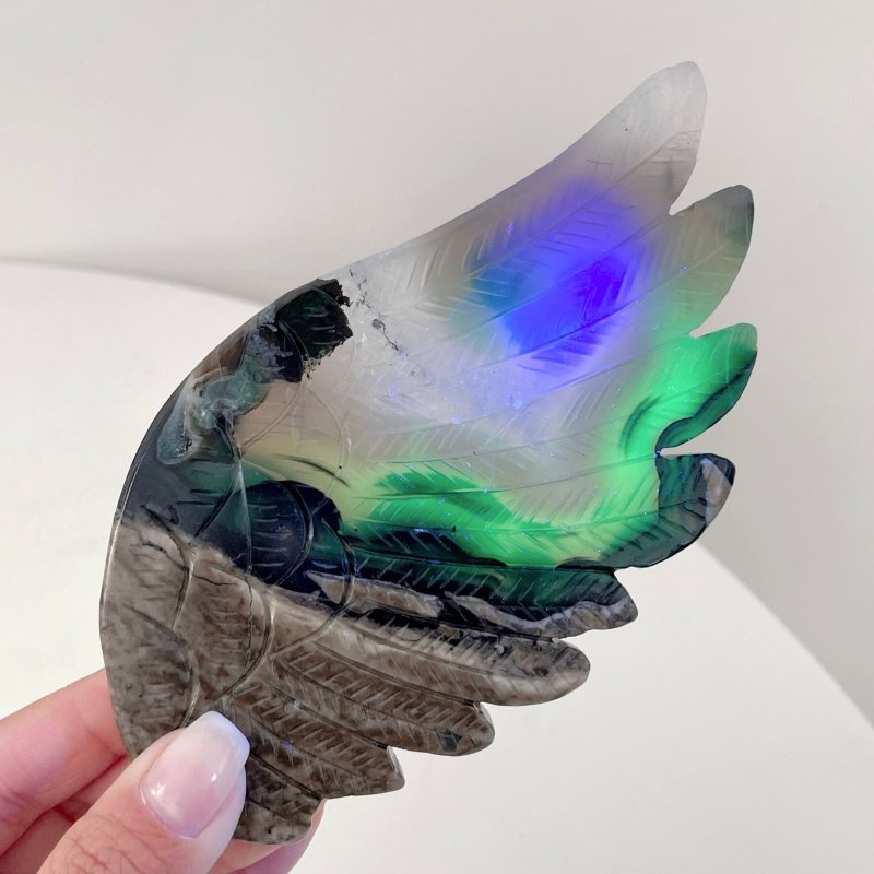 Volcano Agate Angel Wing Carving With Stand (UV Reactive) - Wholesale Crystals