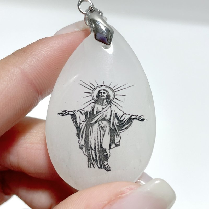 White Jade Engraved Jesus Christ Teardrop Pendant Crystal Pendant Wholesale - Wholesale Crystals