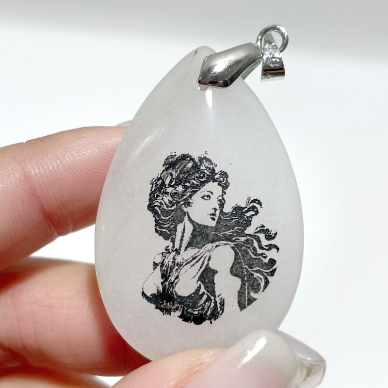 White Jade Engraved Twelve Olympians Teardrop Pendant Crystal Pendant Wholesale - Wholesale Crystals