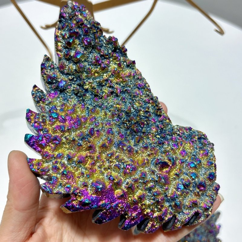 Yellow And Purple Aura Quartz Cluster Angel Wing Carving With Stand - Wholesale Crystals