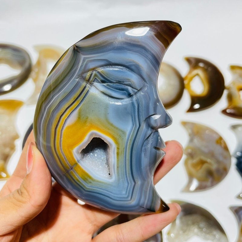 18 Pieces Large Agate Druzy Geode Moon Face Carving -Wholesale Crystals