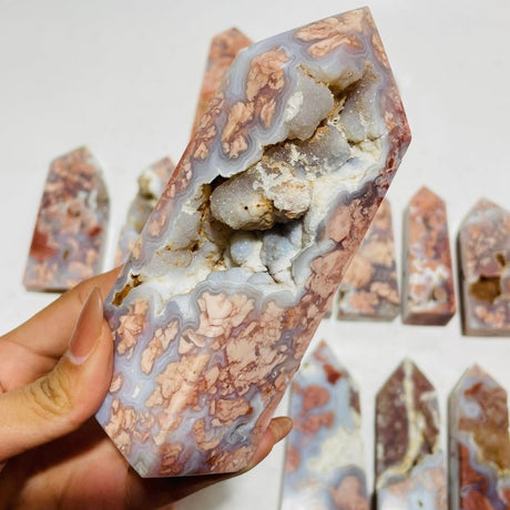 17 Pieces High Quality Pink Flower Agate Druzy Geode Four-sided Tower -Wholesale Crystals