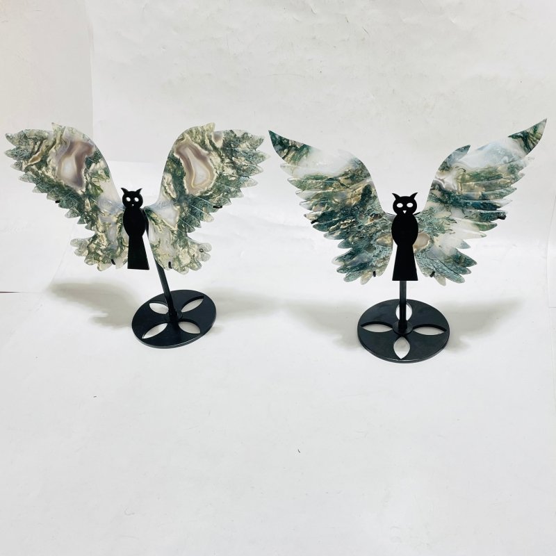 2 Pairs Moss Agate Symmetry Owl Wing Carving With Stand - Wholesale Crystals