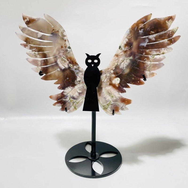 2 Pairs Sakura Flower Agate Owl Wing Carving With Stand - Wholesale Crystals
