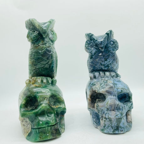 2 Pieces Unique Moss Agate Skull With Owl Carving -Wholesale Crystals