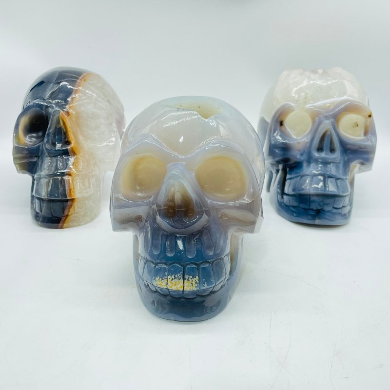 3 Pieces Geode Druzy Agate Skull Crystal Carving - Wholesale Crystals