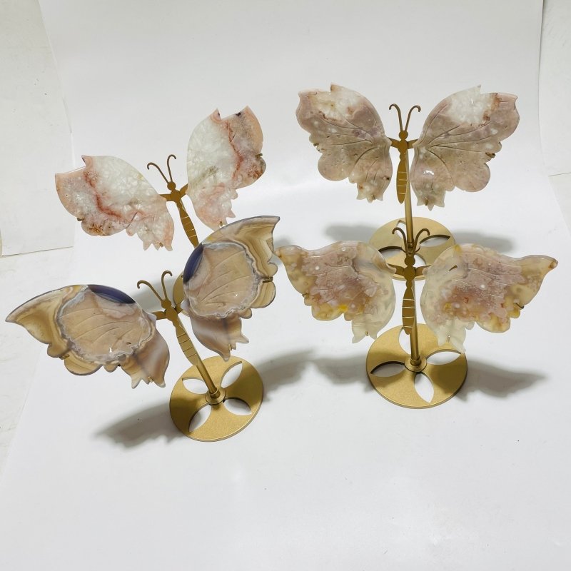 4 Pairs Beautiful Sakura Flower Agate Butterfly Wing Carving With Stand - Wholesale Crystals