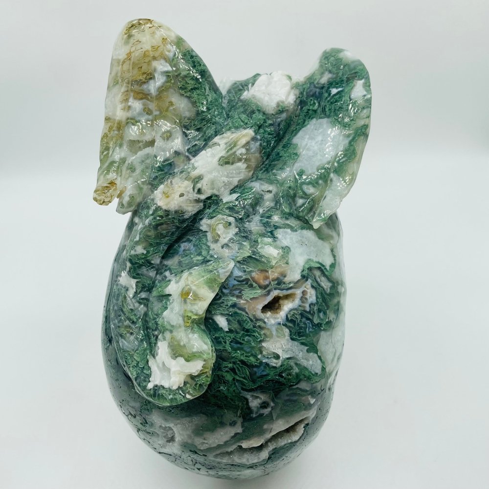 Large Moss Agate Flying Dragon Standing On Skull Carving -Wholesale Crystals