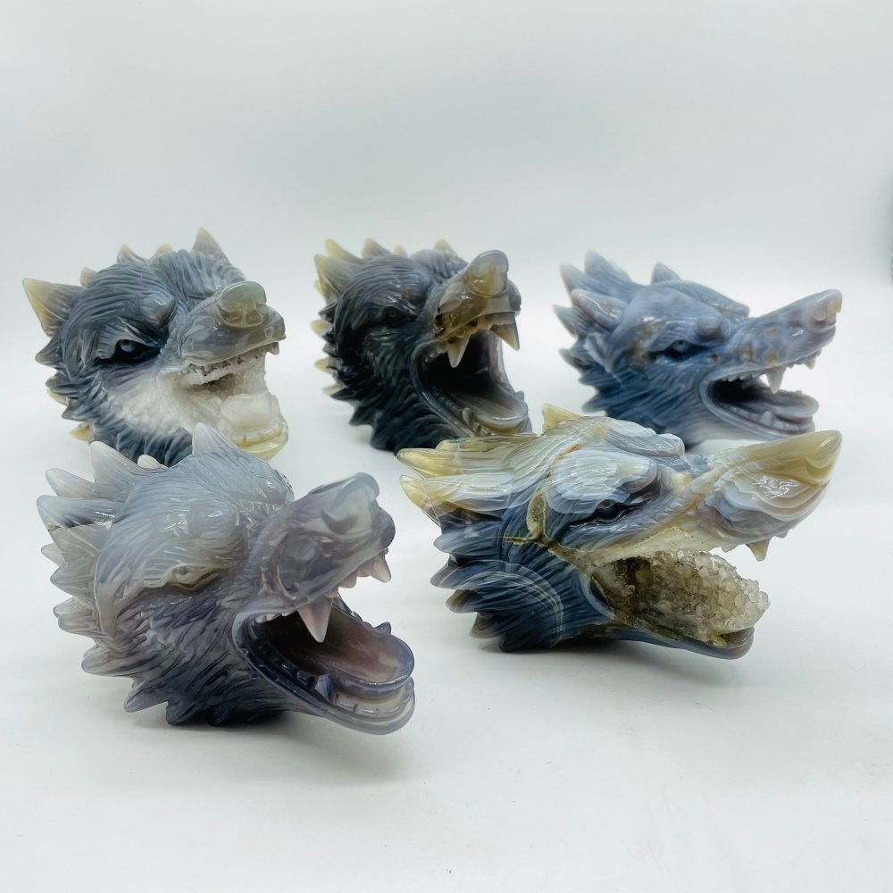 5 Pieces High Quality Geode Agate Wolf Head Carving -Wholesale Crystals